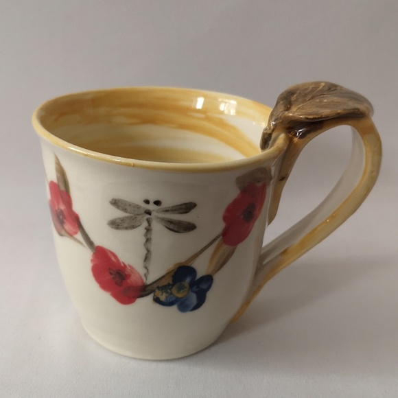 Set of Two Studio Art Pottery Coffee / Tea Mugs, Large Purple & Yellow Dragonfly - Picture 1 of 9